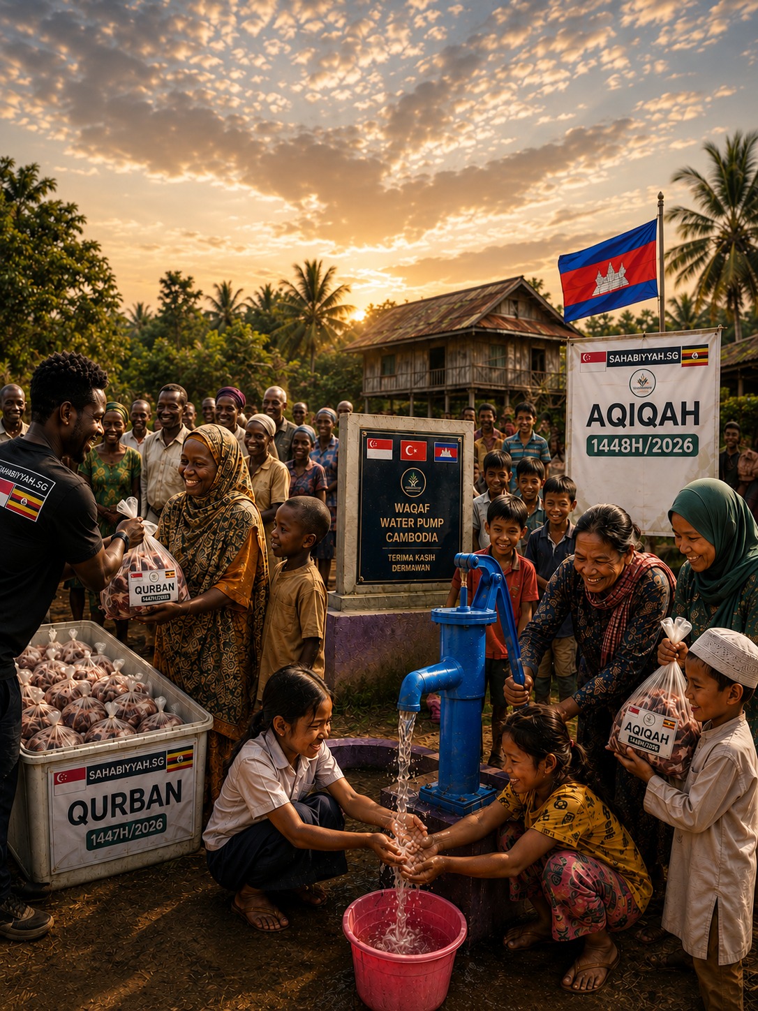 Sahabiyyah volunteers and community members gathered around a new water pump in Cambodia at sunset, with Qurban and Aqiqah aid packages being distributed