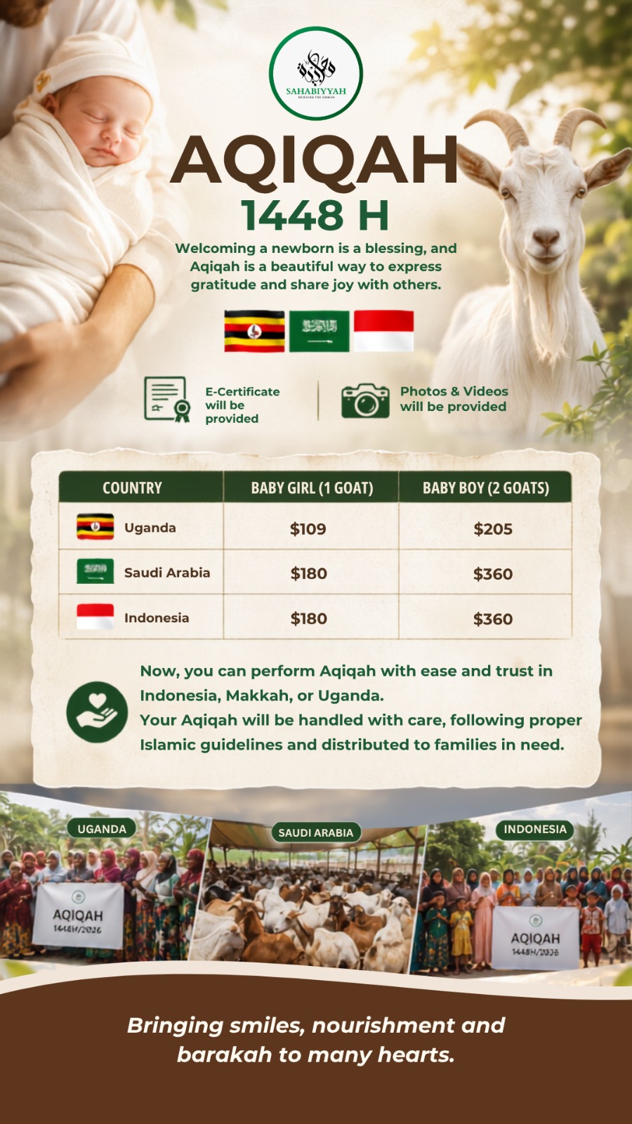 Aqiqah 1448H poster: goats and pricing for Uganda, Indonesia and Saudi Arabia
