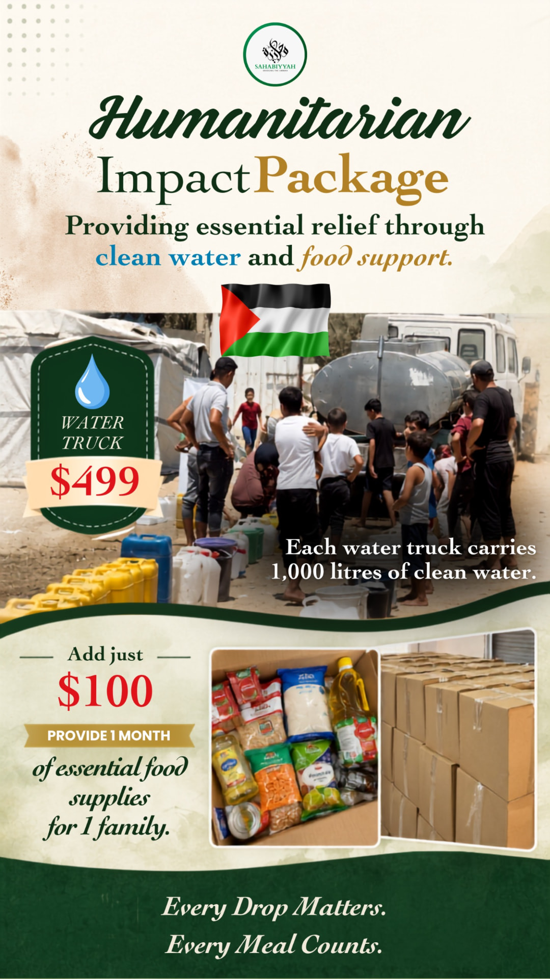 Water Truck Palestine humanitarian impact package poster from Sahabiyyah SG