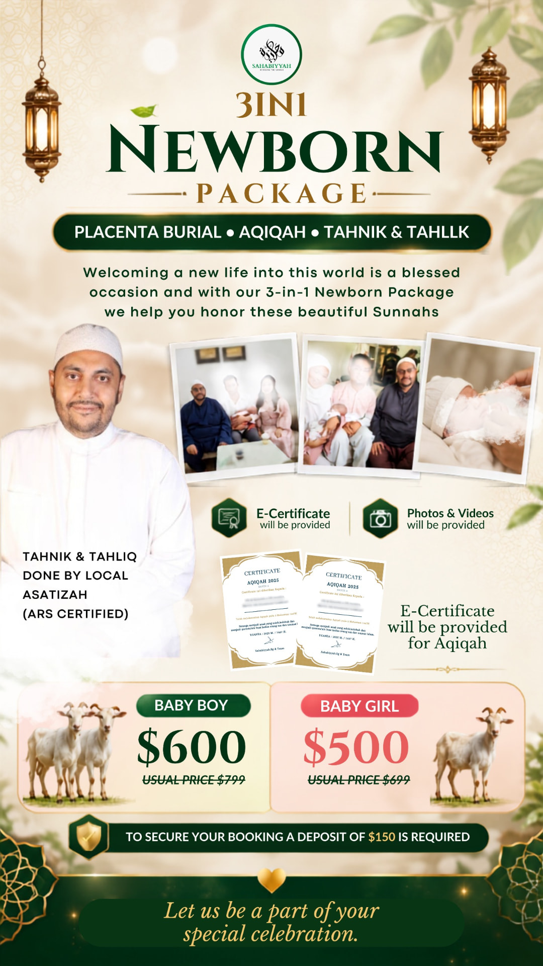 3in1 Newborn Package poster: placenta burial, aqiqah and tahnik tahlik